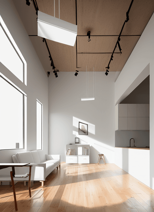 AI generated: High resolution photography of the interior of a modern studio with wooden floor finishes and white ...