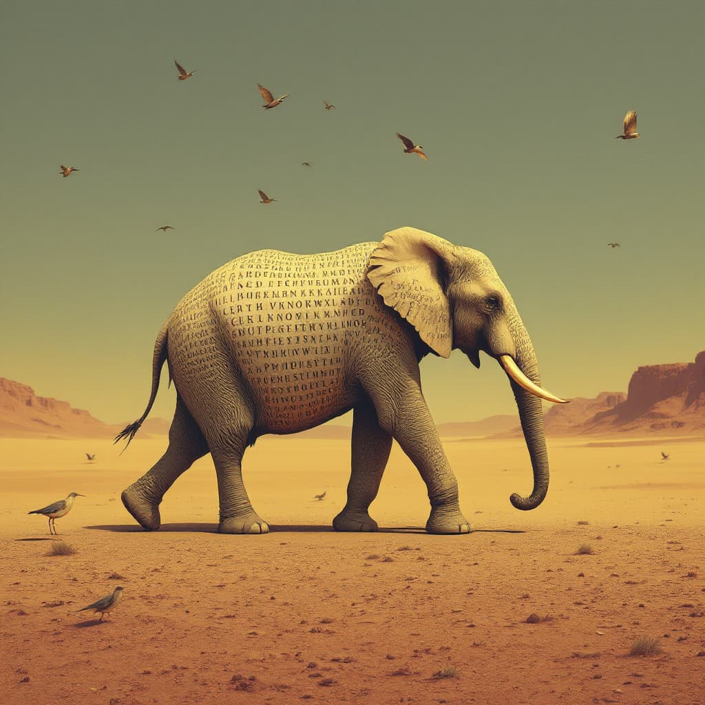 AI generated: An ancient elephant walks across a desert. Its skin is parchment covered in extinct alphabets. With ...