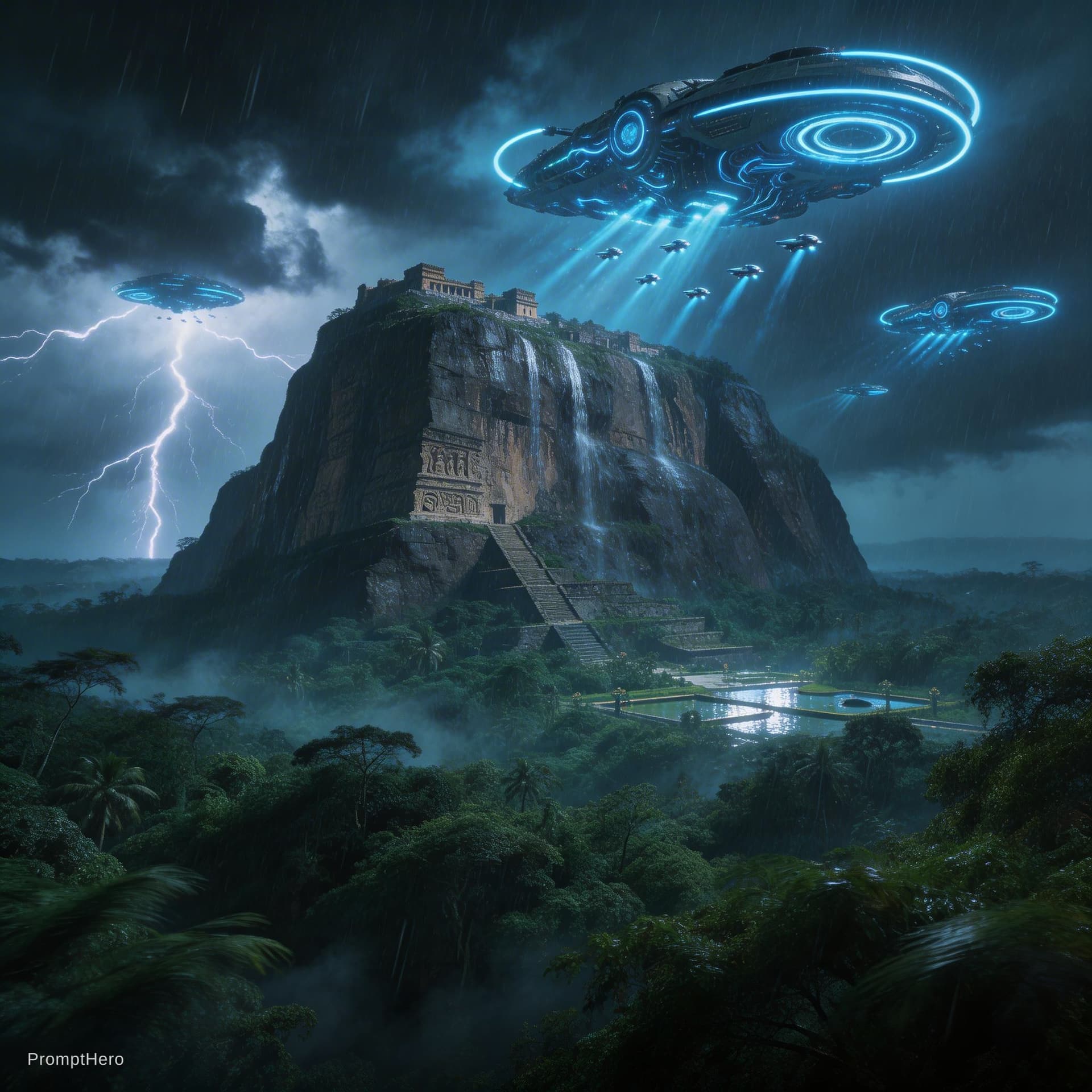 AI generated: Scene 1 – Establishing Shot. A massive, wide cinematic establishing shot of Sigiriya Rock Fortress r...