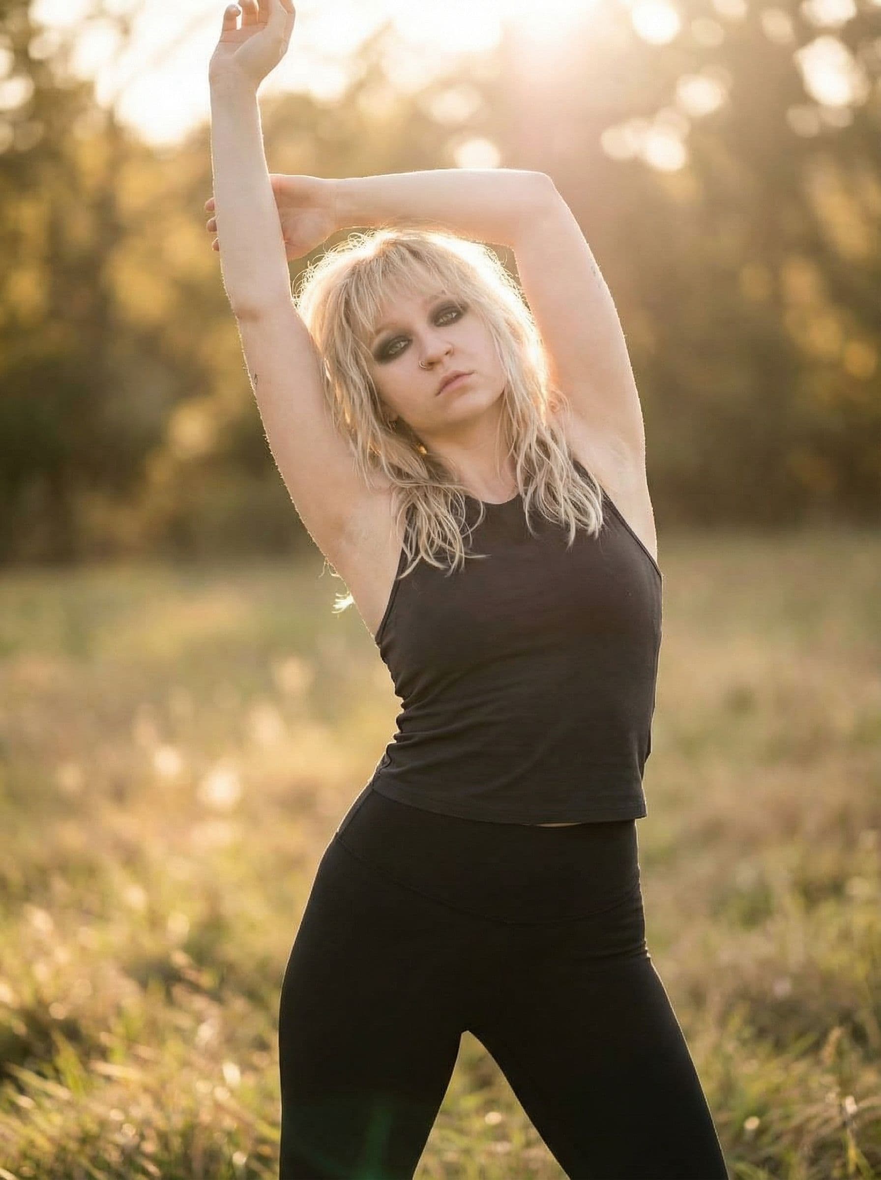 AI generated: girl,athletic body, gorgeous figure, interesting shapes, full body shot, dark eye makeup, in the sty...
