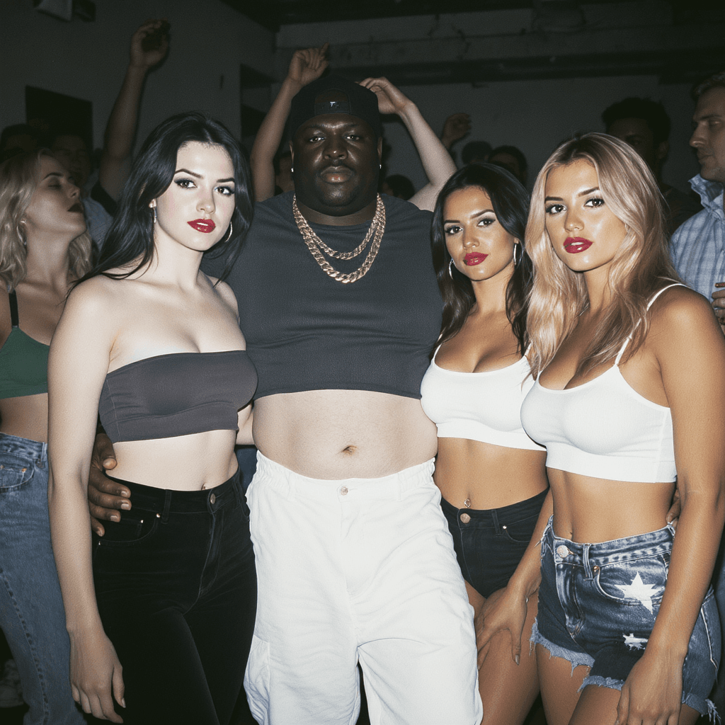 AI generated: A paparazzi style photo with flash of The Notorious B.I.G & college women. The women are wearing cro...