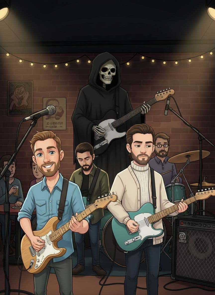 AI generated: Quiero que me hagas a estos 4 personajes juntos. Todos tienes sus instrumentos y la misma expresión....