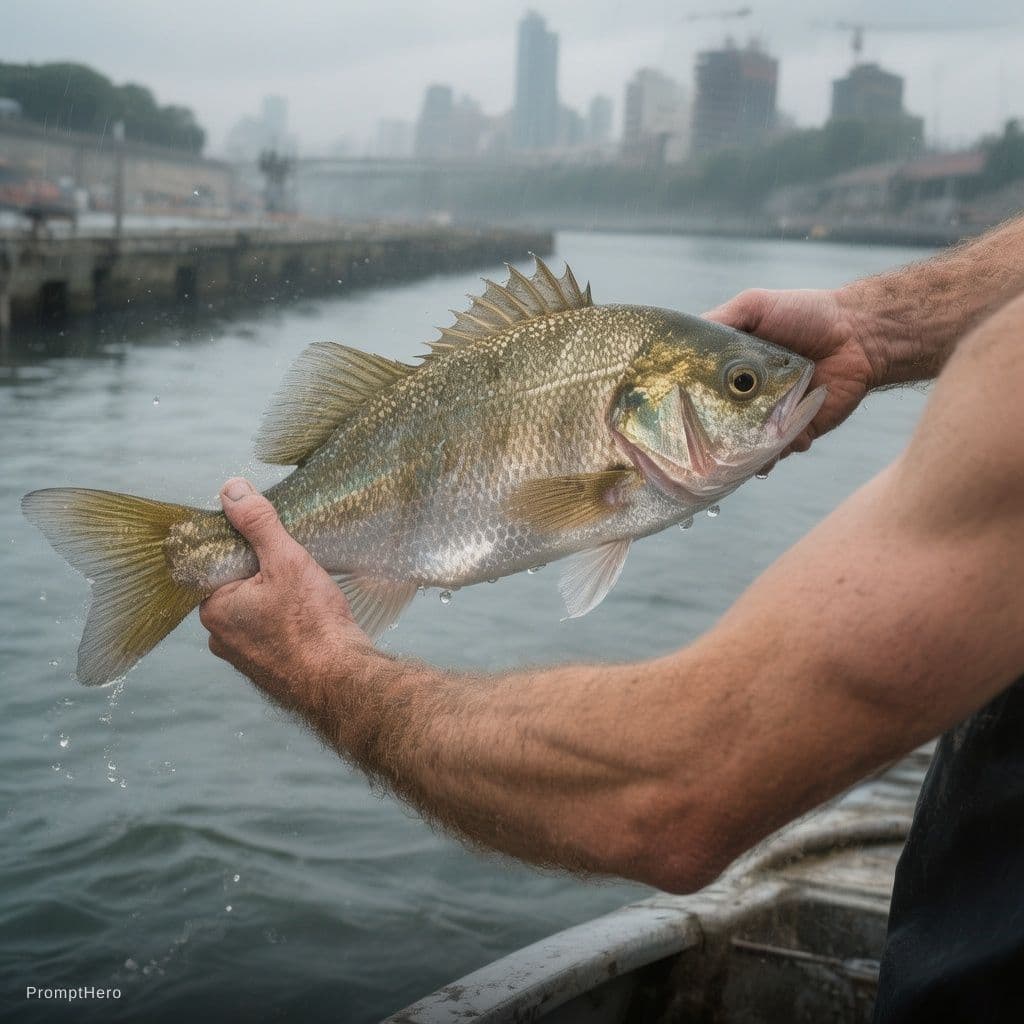 AI generated: fish with pair of strong human arms