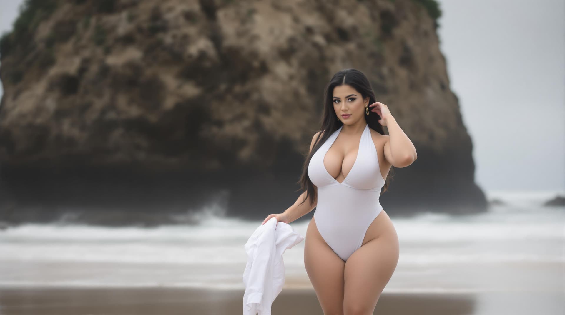 AI generated: a serene and natural setting, with a woman posing on a beach in front of a large rock formation. The...