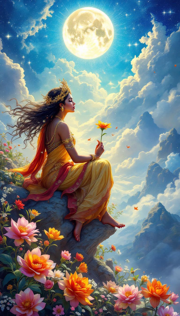 AI generated: In the celestial realm of Elysium, there dwells an Apsara named Nila, whose radiance rivals the moon...