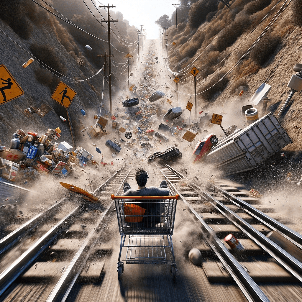 AI generated: Feel the pulse of your heart as you navigate a shopping cart through a labyrinth of destruction. The...