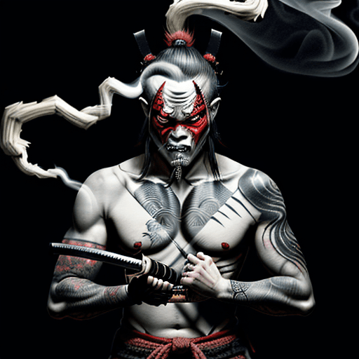 AI generated: A samurai with his demonic mask and his katana loves him, covered in ancient tattoos, coming out of ...