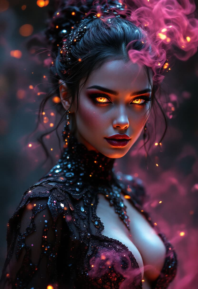 AI generated: In the center of the frame stands a sultry divine element, her skin aglow with ethereal light, her e...