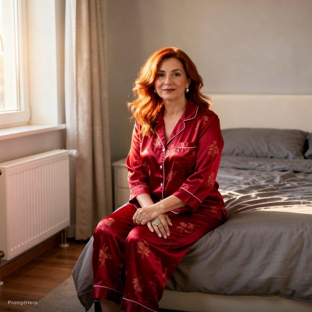 AI generated: A woman with vibrant, flowing auburn hair is seated on the edge of a bed in a softly lit room. She w...