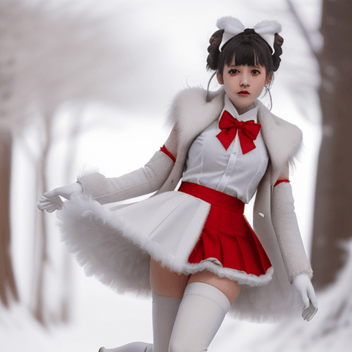 AI generated: skirt, thighhighs,white gloves, pleated skirt, red bow, boots, elbow gloves, fur trim, white coat, ,...