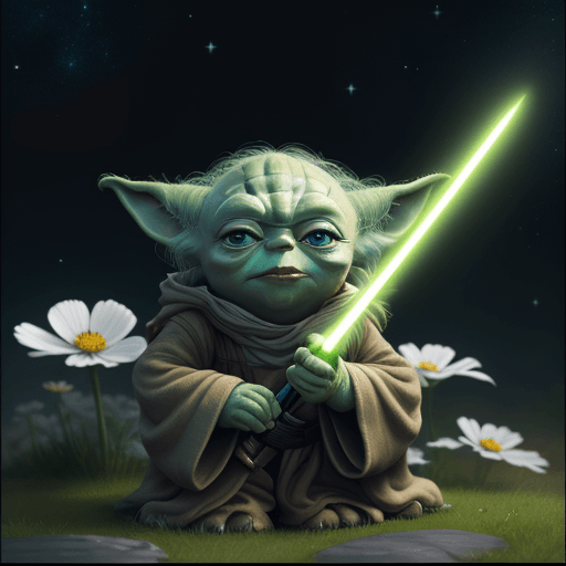 AI generated:  YODA in cosmos, 8k, light sword, happy YODA, friends YODA, anime