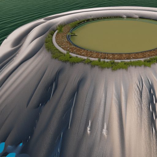 AI generated: A crater with a lake inside, on top a white city with a 300 m tower in the middle.