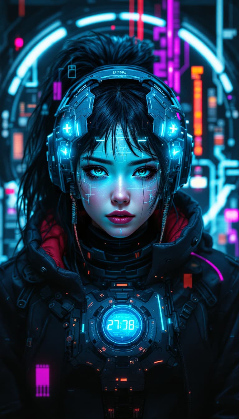AI generated:  Portrait of a futuristic cyberpunk rebel leader, girl, centered, adorned with revolutionary tech, i...