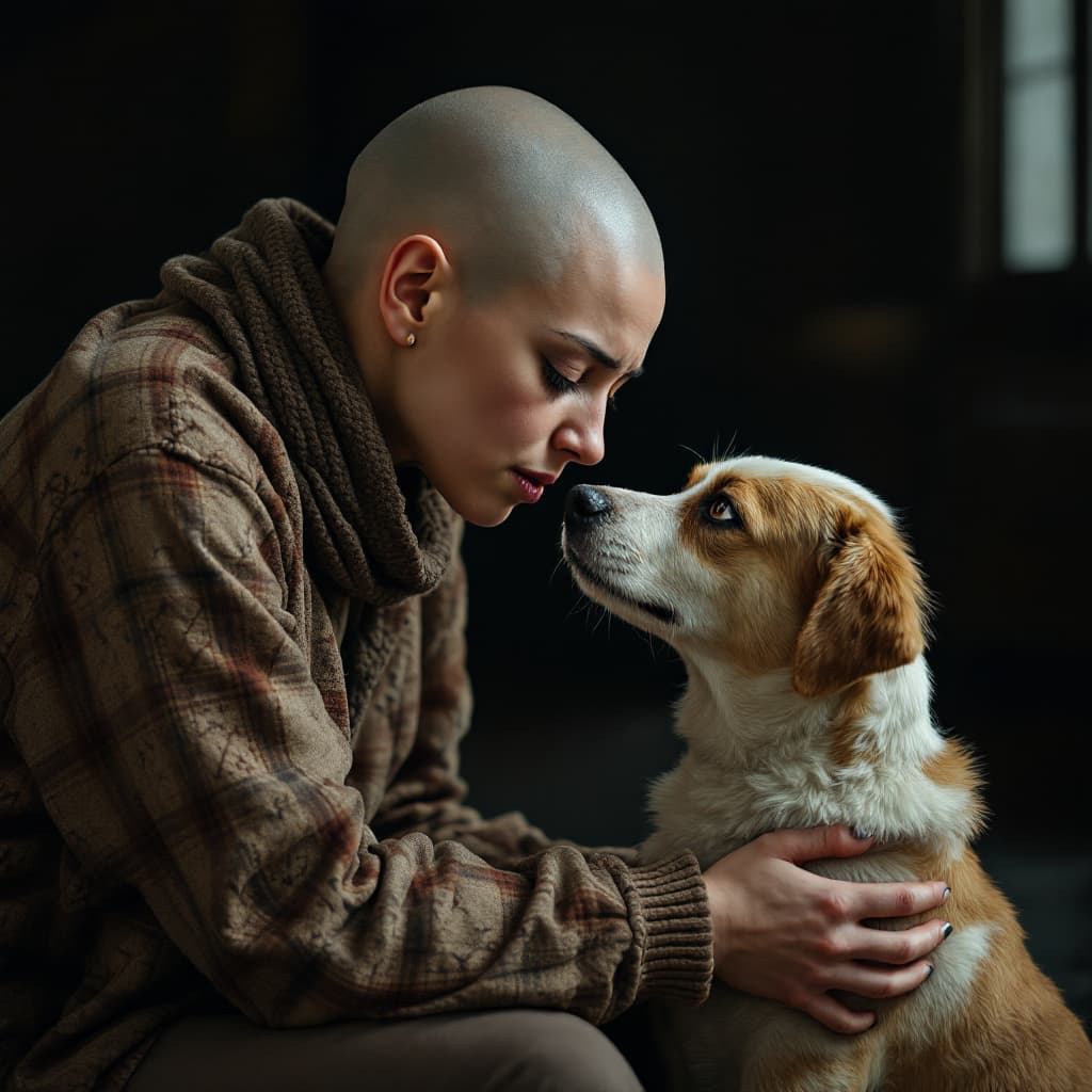 AI generated: A heartwarming scene of a sad teary eyed bald young woman   and a dog sharing a moment of companions...