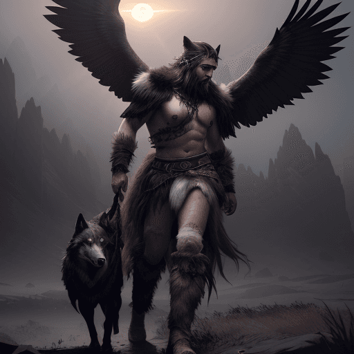 AI generated: Photo of a ultra realistic human male druid wearing wolf pelts, full body, raven pet on shoulder, dr...