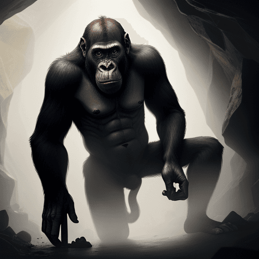 AI generated: A man crawling out of a smoking cavern, wounded and carrying an ape's head