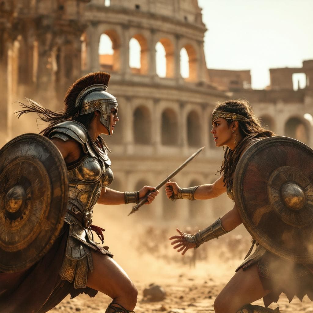 AI generated: two ancient women warrior fighting in middle of The Colosseum, in the center of the city of Rome, wa...