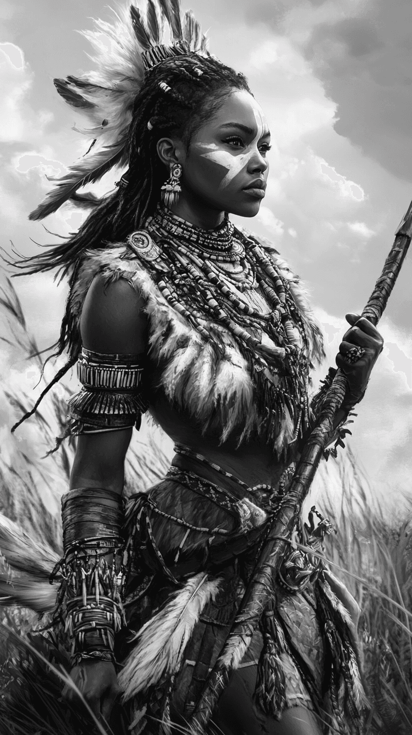 AI generated: black and white drawing of a african female princess warrior woman with silky hair, wearing white wa...