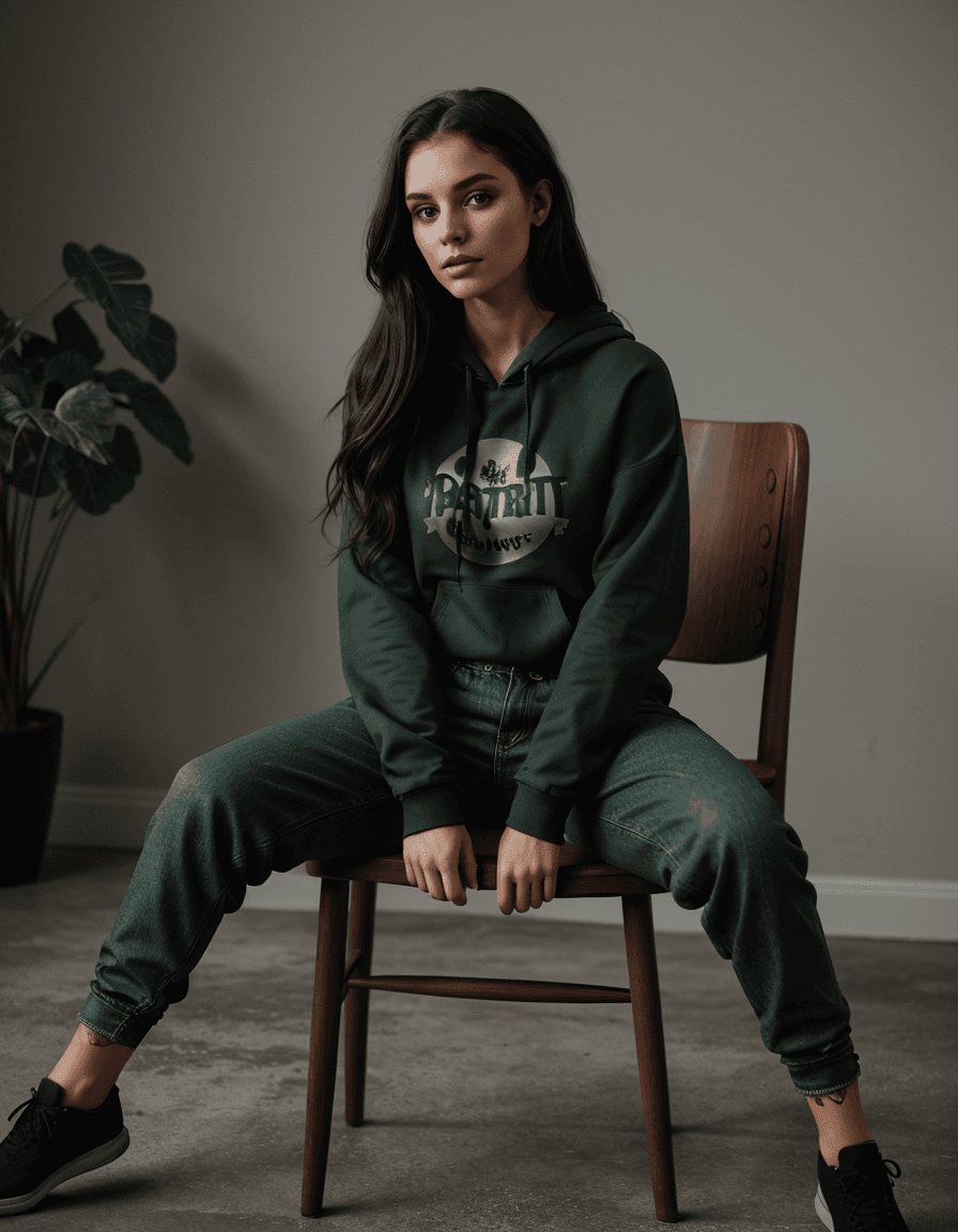 AI generated: photography, long-distance shot, female model, seated on chair, green long undercut, dark deep fores...