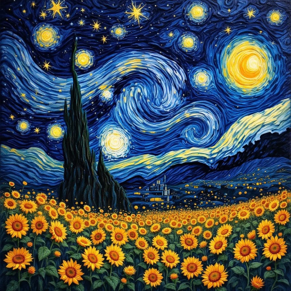 AI generated: A Van Gogh-inspired scene, vibrant and swirling, with thick, expressive brushstrokes in 3D relief. E...