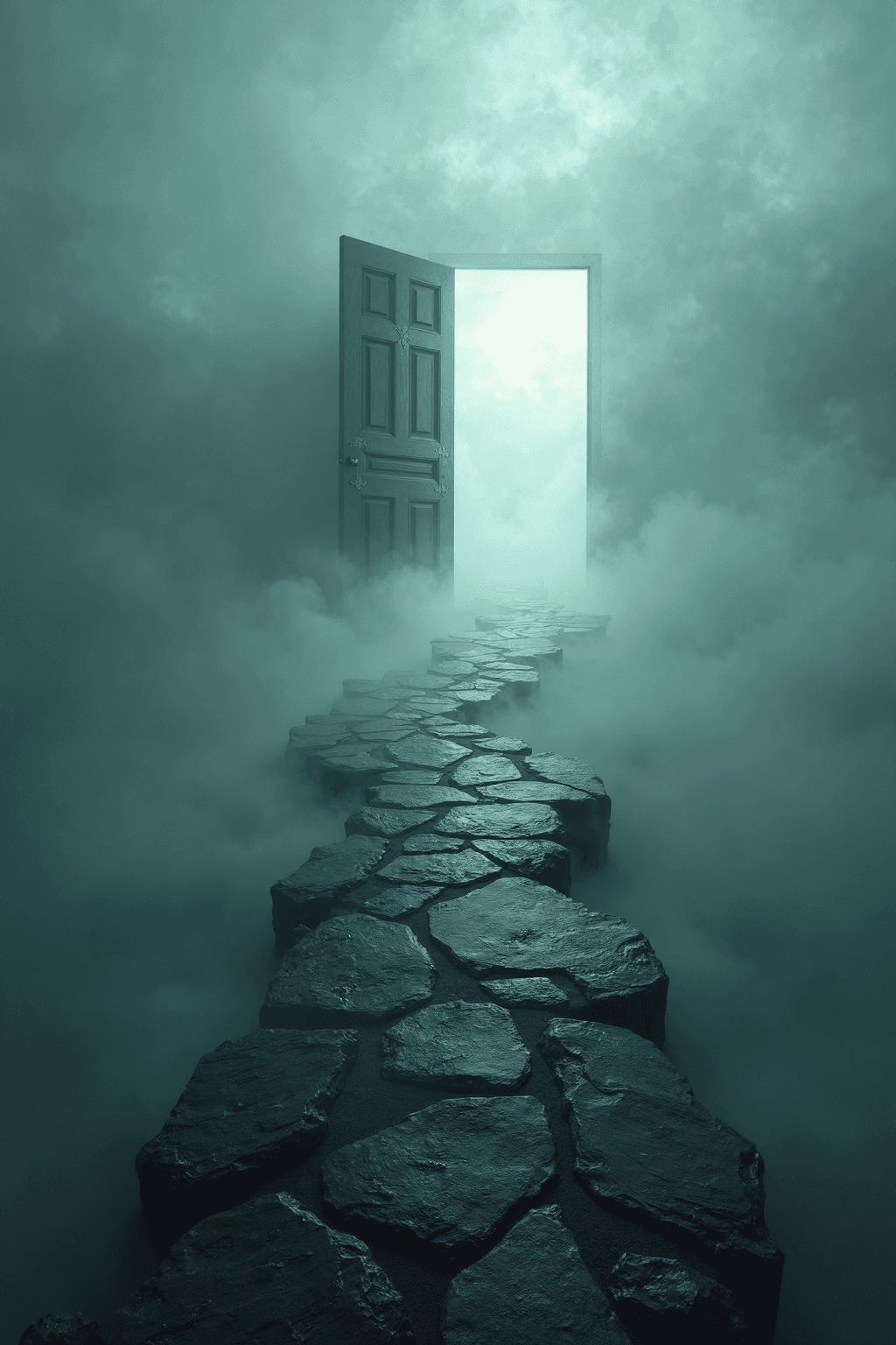 AI generated: A jagged stone path winds through swirling clouds, leading to a slightly ajar door suspended in mid-...