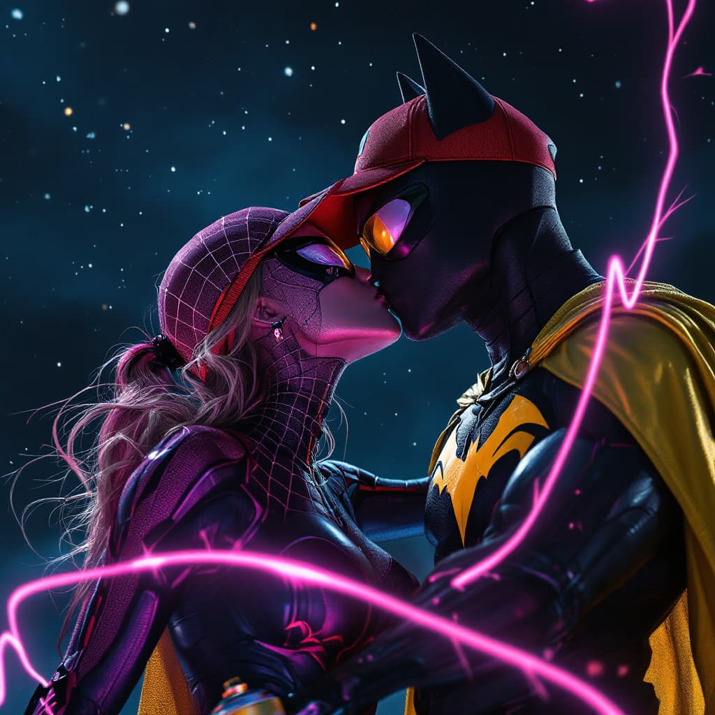 AI generated: hyper real a spider cat-woman female superhero with a pink lazer whip IS KISSING A A BLACKMAN in a r...