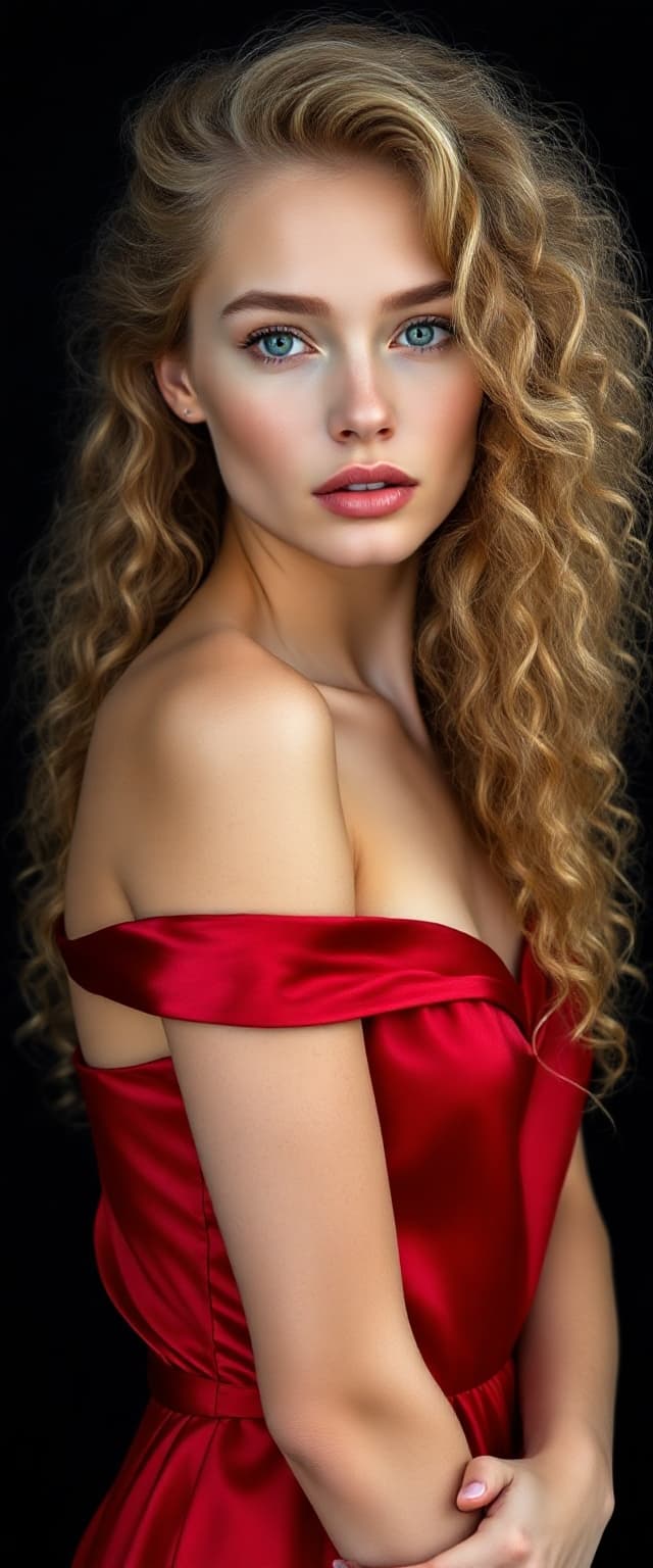 AI generated: "Fine art photography full body portrait. Supermodel, early 20s, fair skin, large blue-green-silver ...