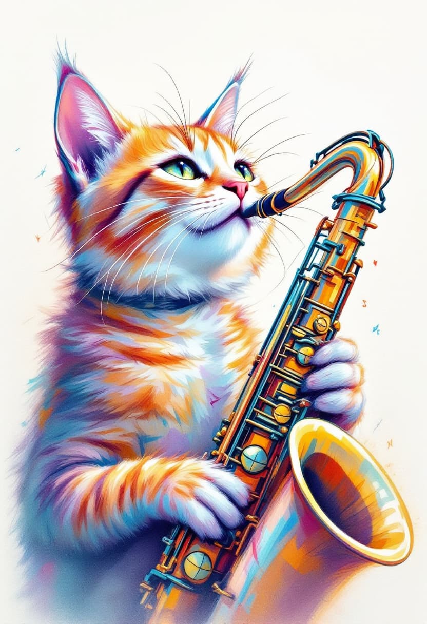 AI generated: Sketch Art, Beautiful Colored Pencil Line, Artistic Brush Strokes, Beautiful, Saxophone Cat, Emotion...