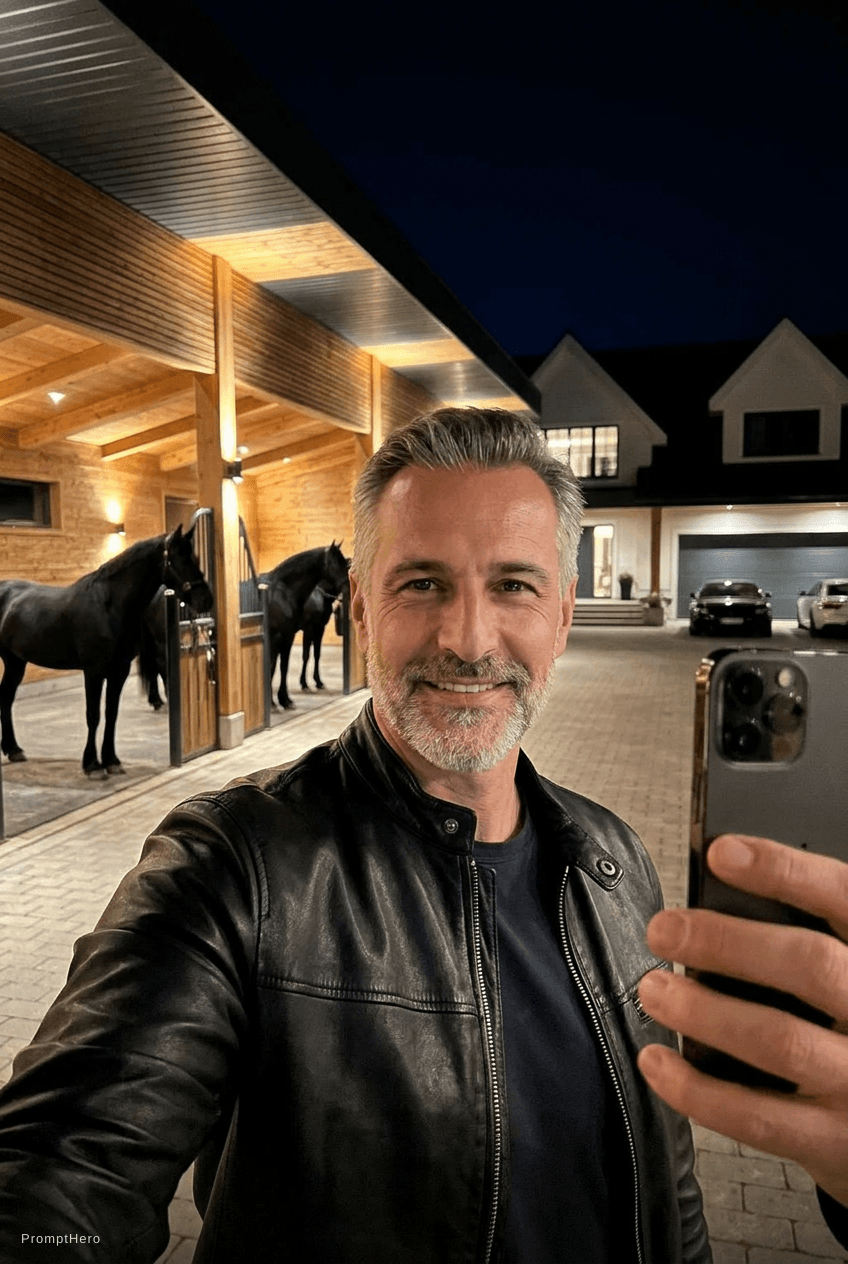 AI generated: Ultra realistic smartphone selfie photo, WhatsApp camera style, billionaire luxury ranch at night, m...