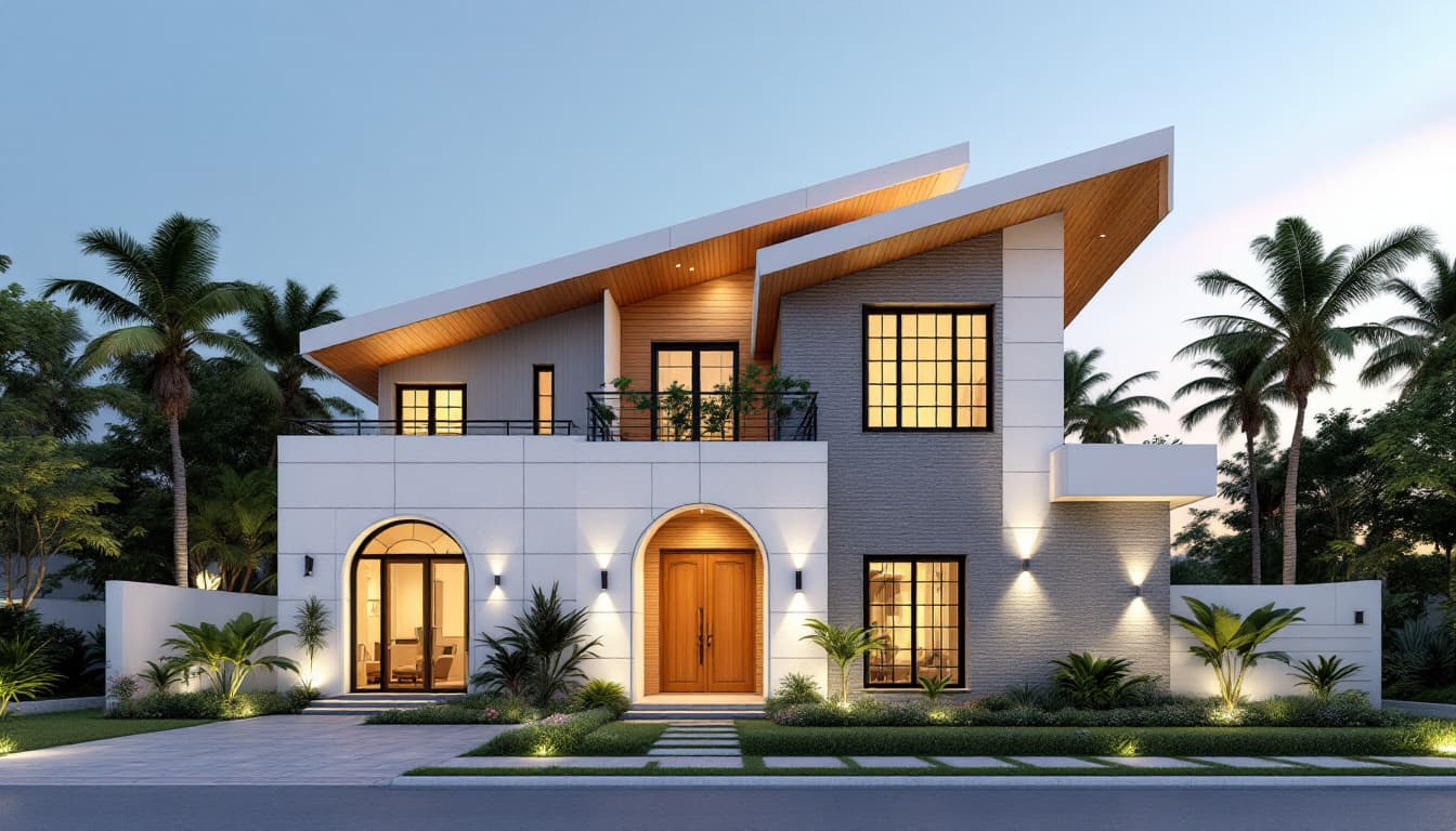 AI generated: A hyper realistic 4k image of A modern architectural design of a house during twilight. The house fe...