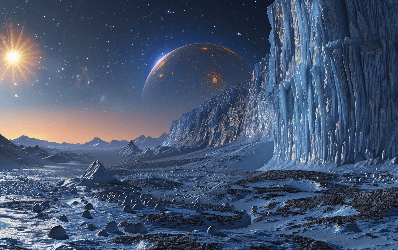 AI generated: An icy landscape under the glow of an alien sun, with frozen mountains and rocky terrain. The sky is...