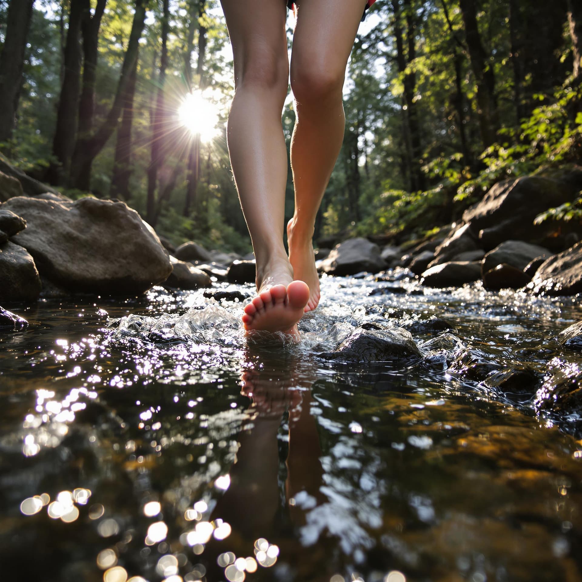 AI generated: close up of a woman's bare feet walking through a rocky stream in a dense forest, sun shining throug...