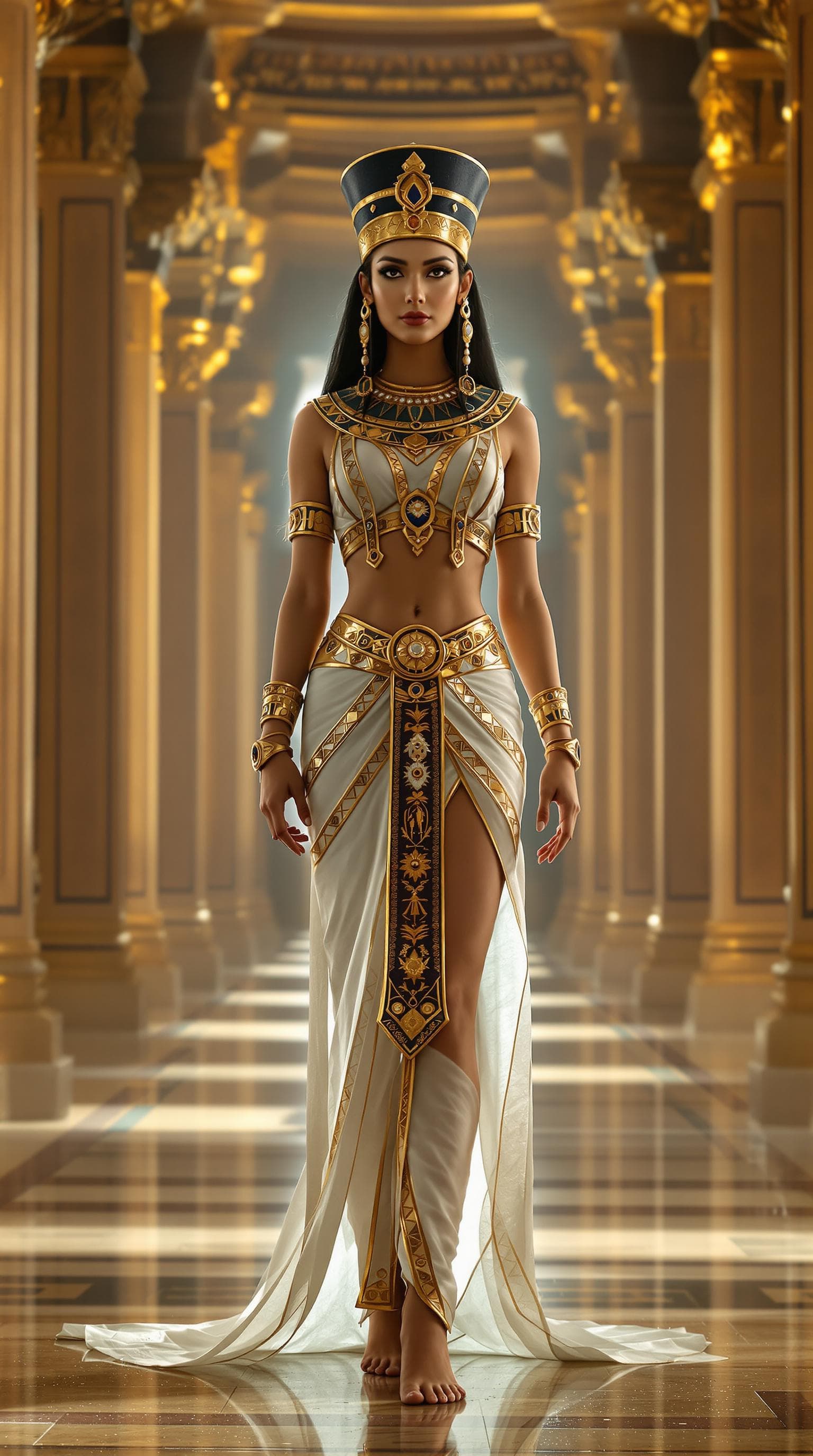 AI generated: Full body view of a stunning, hyperrealistic portrayal of an elegant ancient Egyptian woman in a gra...