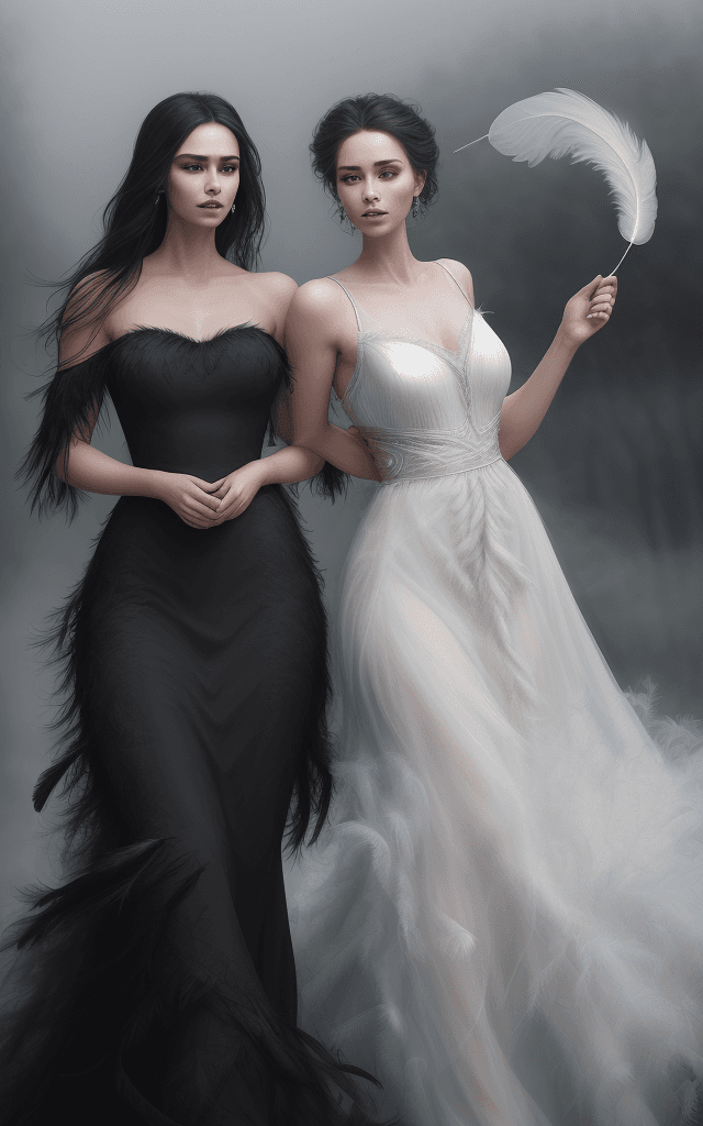 AI generated: two Gorgeous Beautiful and elegant Woman wearing a full long dress, (fashion), feather textured hoop...