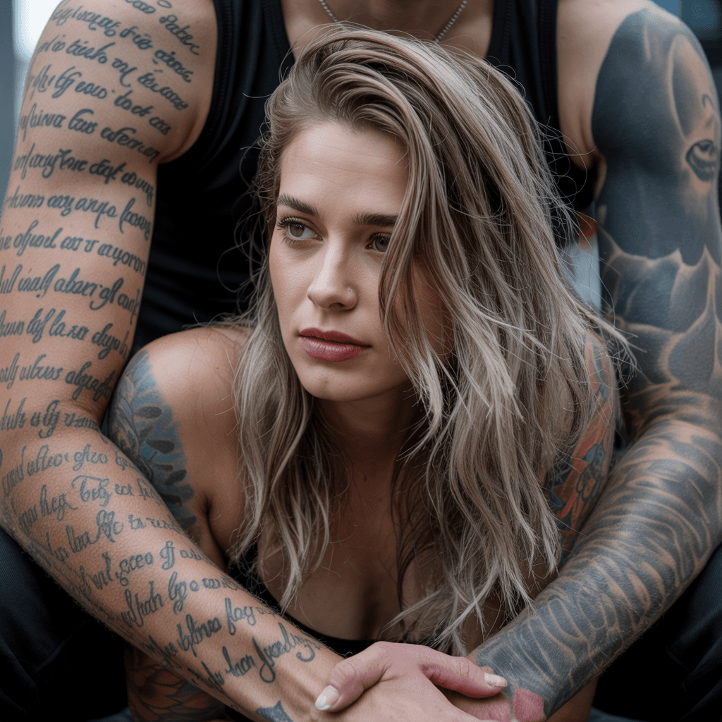 AI generated: Close-up portrait of a young adult Caucasian woman and a man, both with elaborate tattoos.  Woman, m...