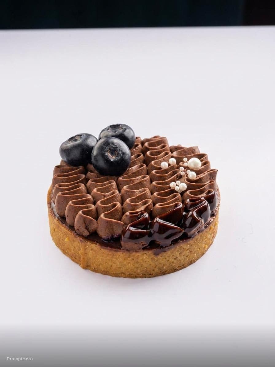 AI generated: The image features a square piece of layered dessert, prominently displayed against a dark, blurred ...