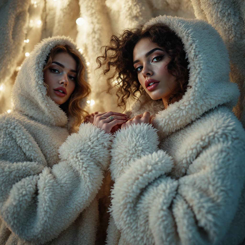AI generated: fur room with beautiful women hands tied and gagged in fluffy teddyfleece suits