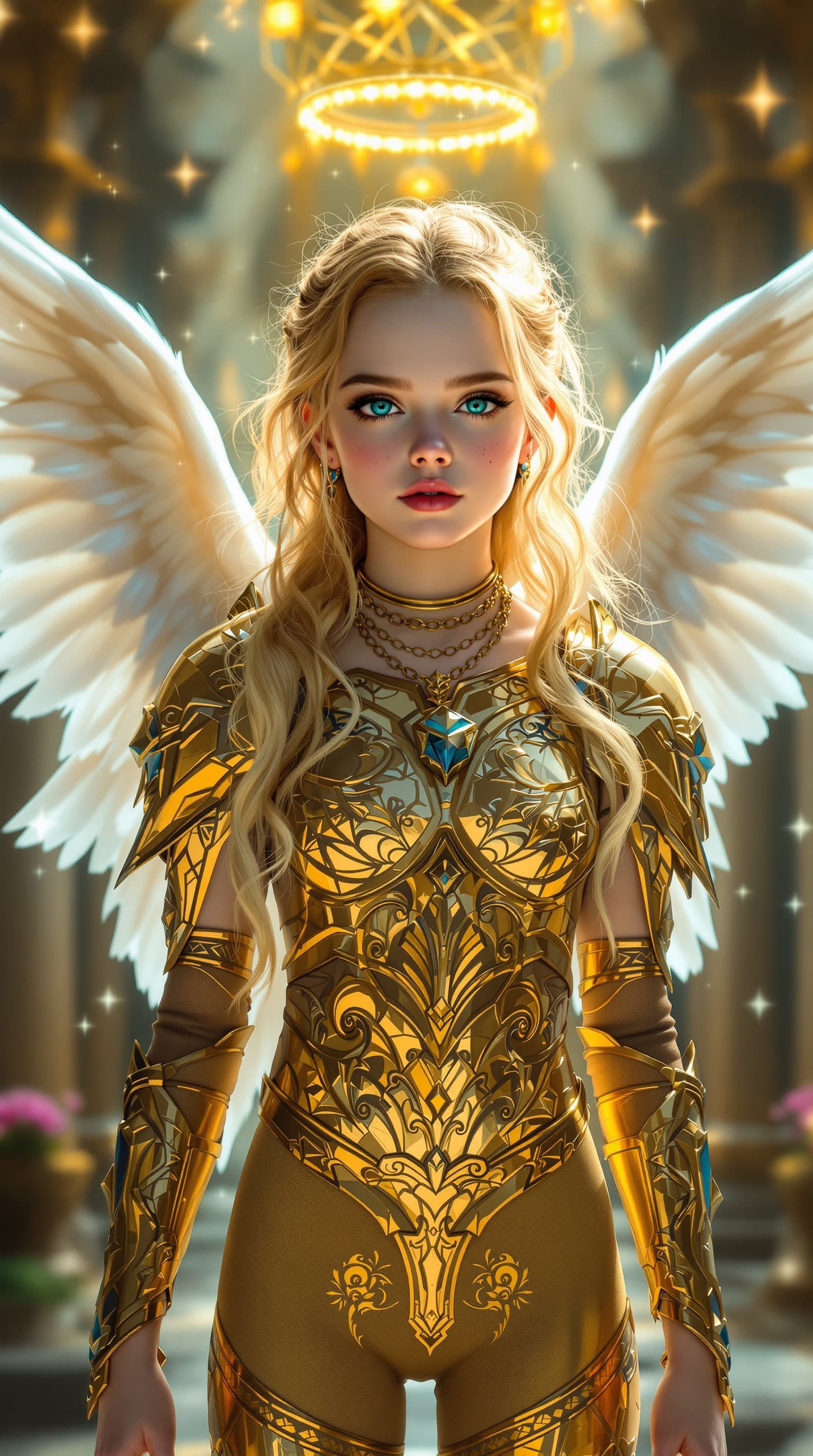 AI generated: A masterful hyper-realistic depiction of Elle Fanning as the Guardian Angel, radiating ethereal beau...