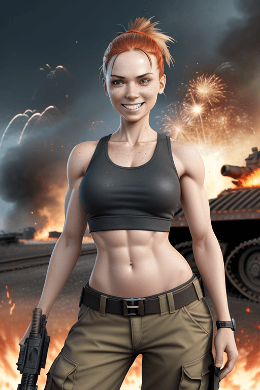 AI generated: explosions behind her, fire, chaos, minigun, far view, a woman, fit, beautiful, slender, natural cur...