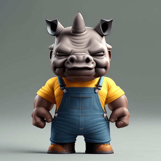 AI generated:  boss strong rhino wearing overalls, small smile, funko pop render, big head, small body, hands in p...