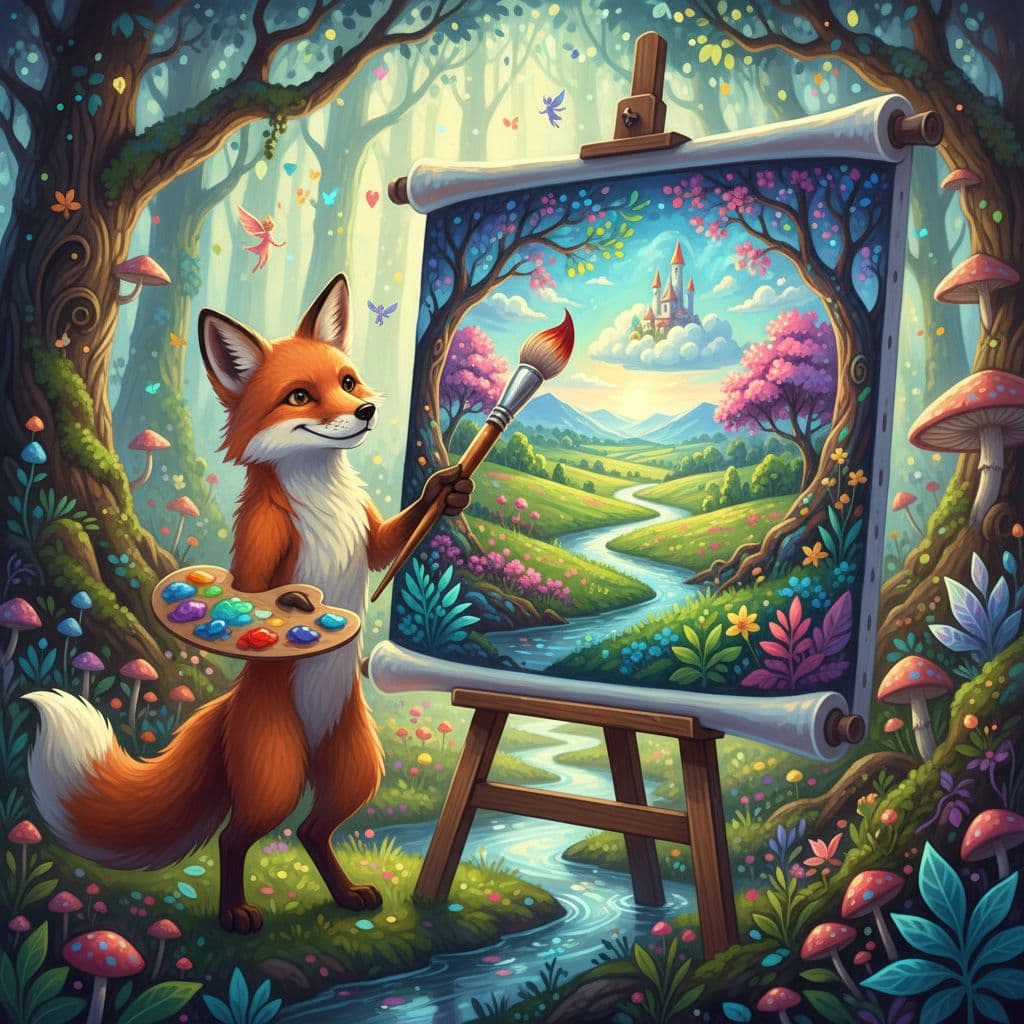 AI generated: Happy and excited fox, painting a beautiful landscape, with vibrant colors and intricate details, by...