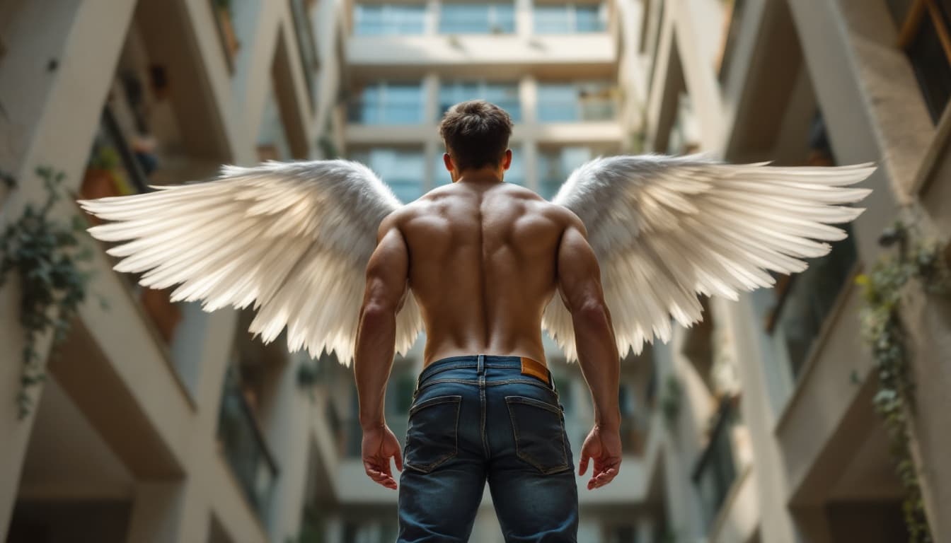 AI generated: a guy with a strong body in jeans, stands on the balcony of a multi-story building, behind his back ...