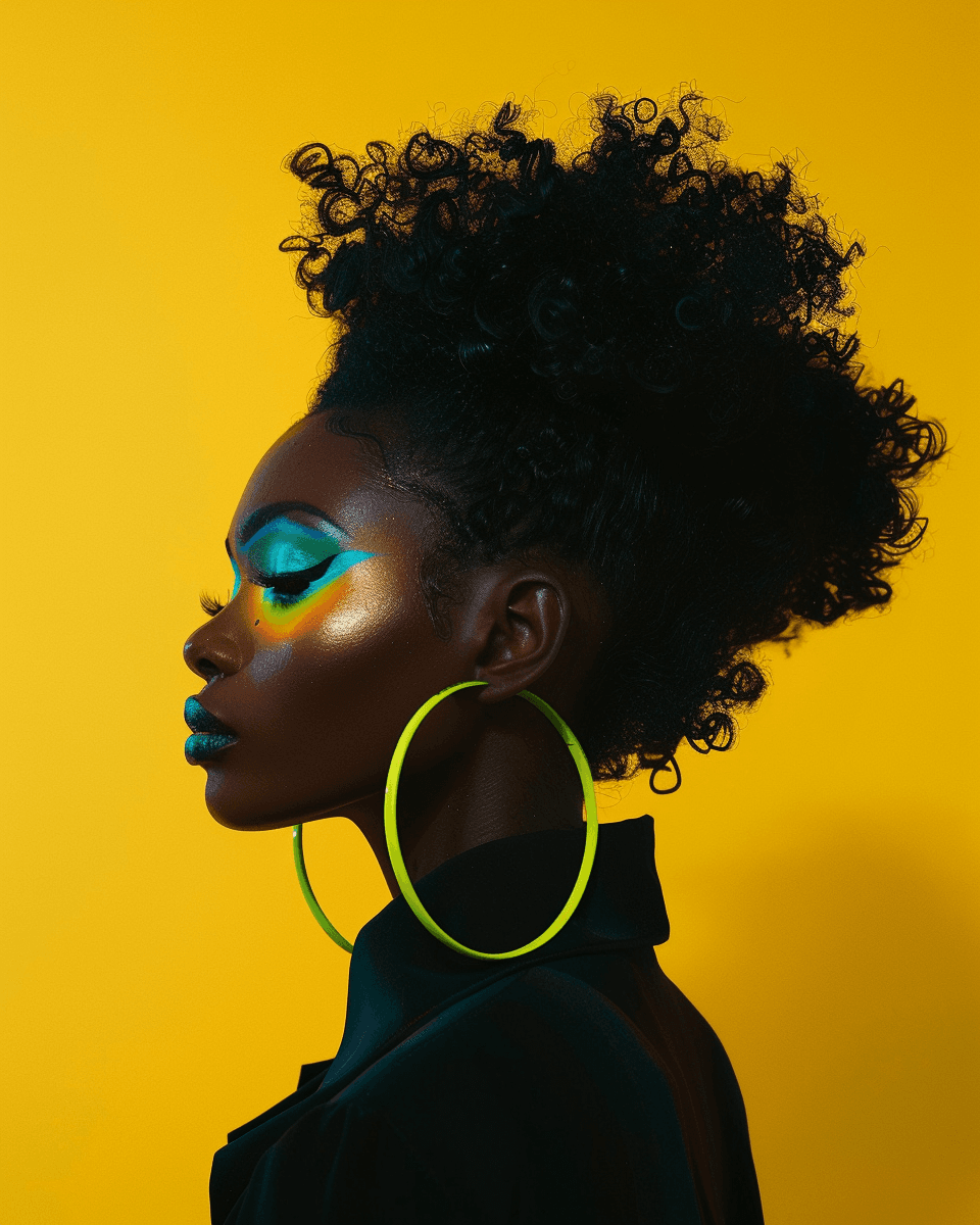 AI generated: A black woman with an updo, big hoop earrings and vibrant makeup in neon colors. The background is y...