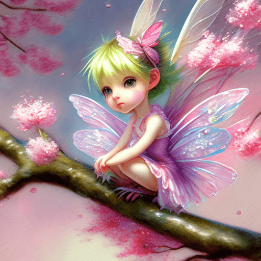 AI generated: chibi adorable pastel tinkerbell  sitting on a branch of sakura cherry tree : "intricately daintily ...