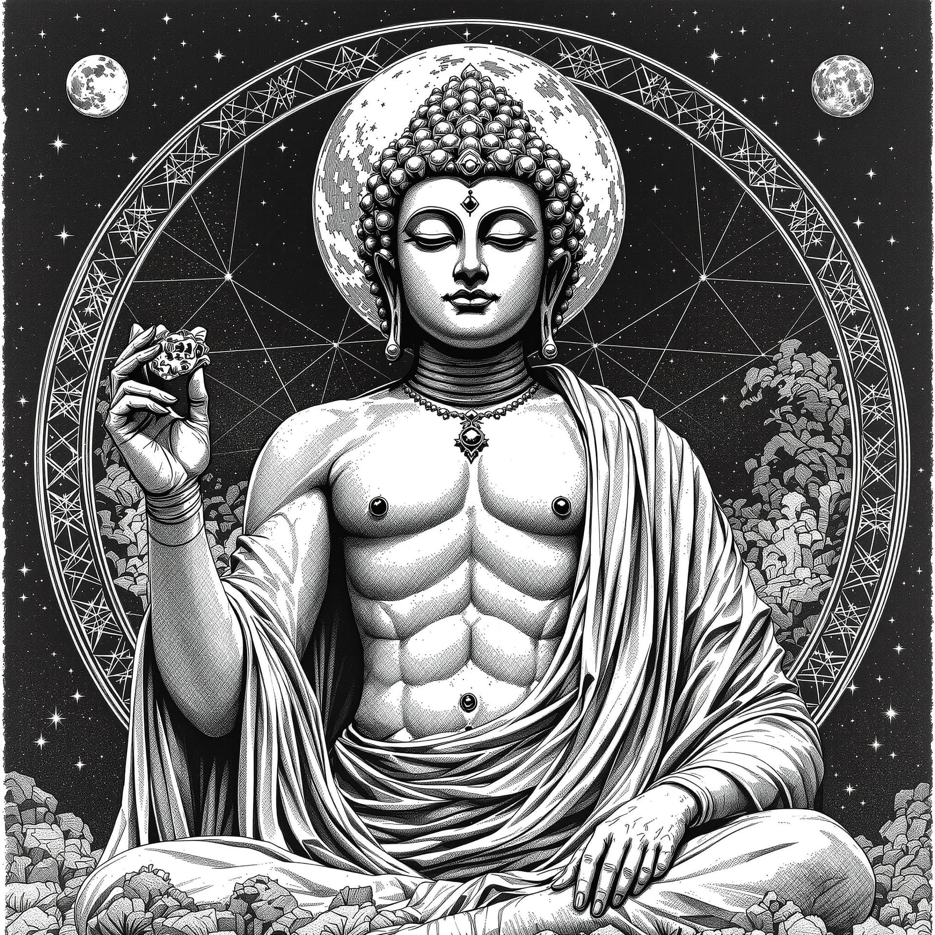 AI generated: Renaissance ((Budha) )), mythic  figure with the head, human body of a classical statue, frontal sym...