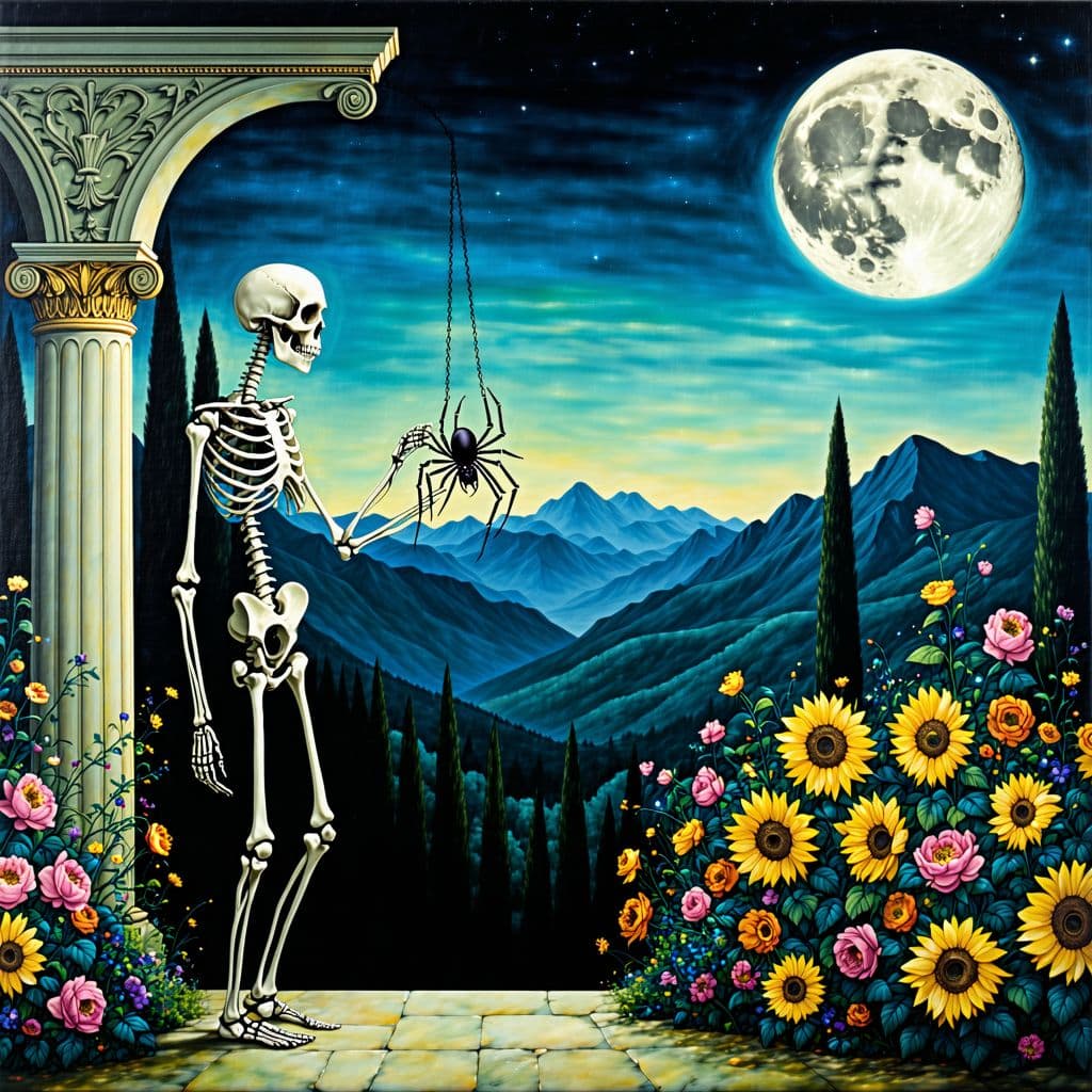 AI generated: A surreal painting featuring a black skeletal figure with a skull holding a spider in one hand. The ...