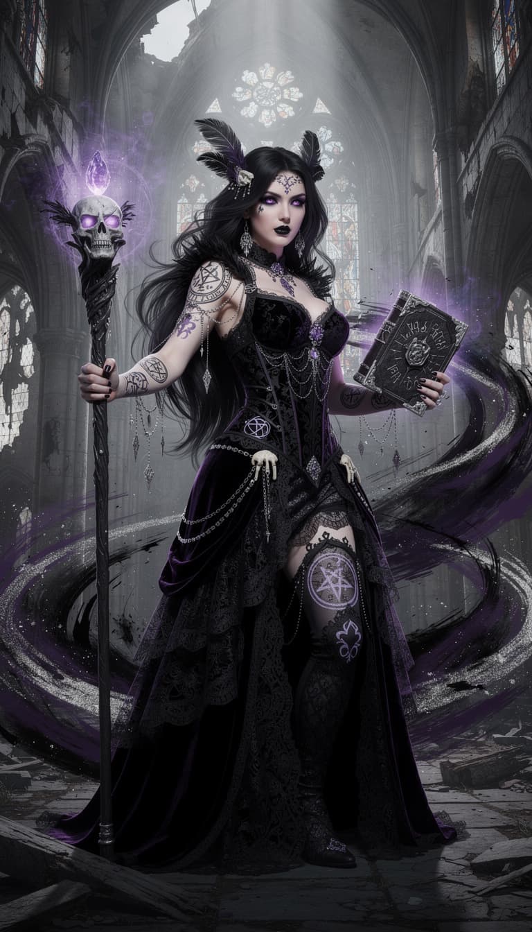AI generated: An ultra-realistic, full-body portrait of a captivating gothic sorceress woman, radiating dark magic...