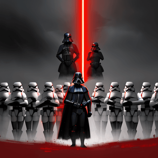 AI generated: by Jakub Rózalski darth vader, incredible beautiful red light, army of stormtroopers in the backgrou...