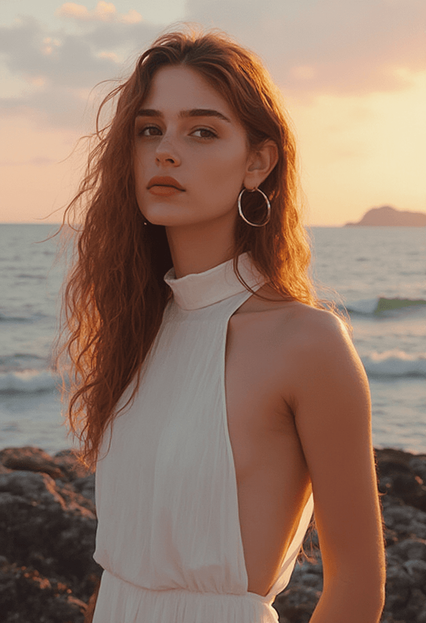 AI generated: A photorealistic portrait of an adult woman with wavy, sun-kissed auburn hair, standing on a rocky c...