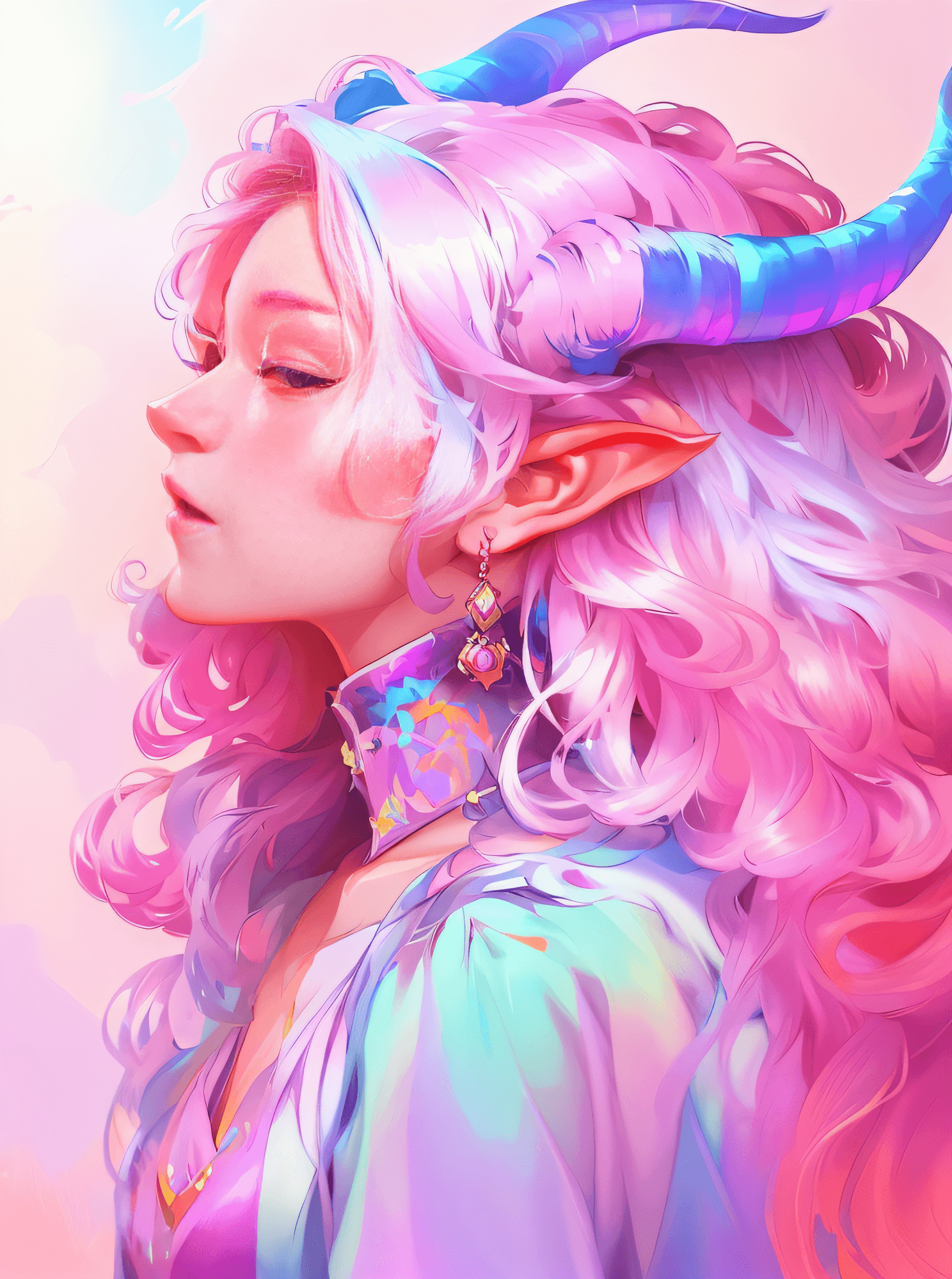AI generated: painting of a woman with a goat's head and a colorful dress, rossdraws pastel vibrant, girl design l...